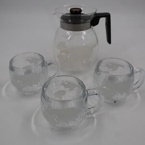 Nestle Vintage Globe Coffee Carafe 3 Mugs Set Clear Frosted World Map Etched